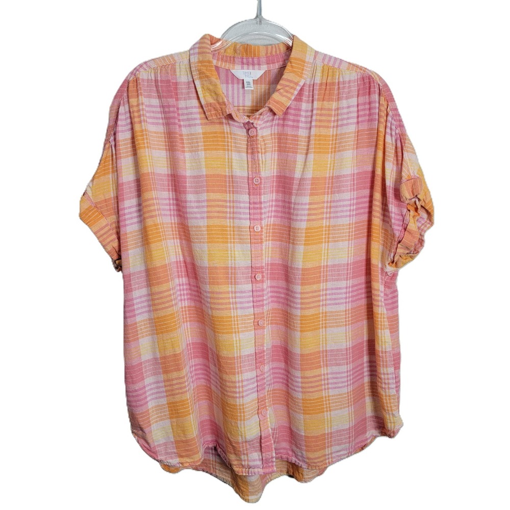 Time and Tru Womens XXL Pink Orange Plaid Linen Blend Button Down Shirt TT241001